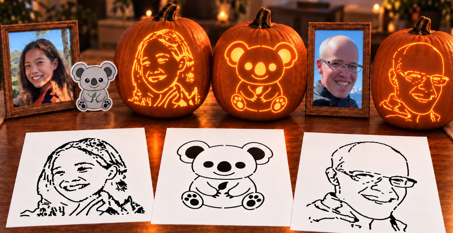 Two portrait photos and a koala sticker beside the glowing jack-o'-lanterns carved from them, with their paper stencils on the table in front