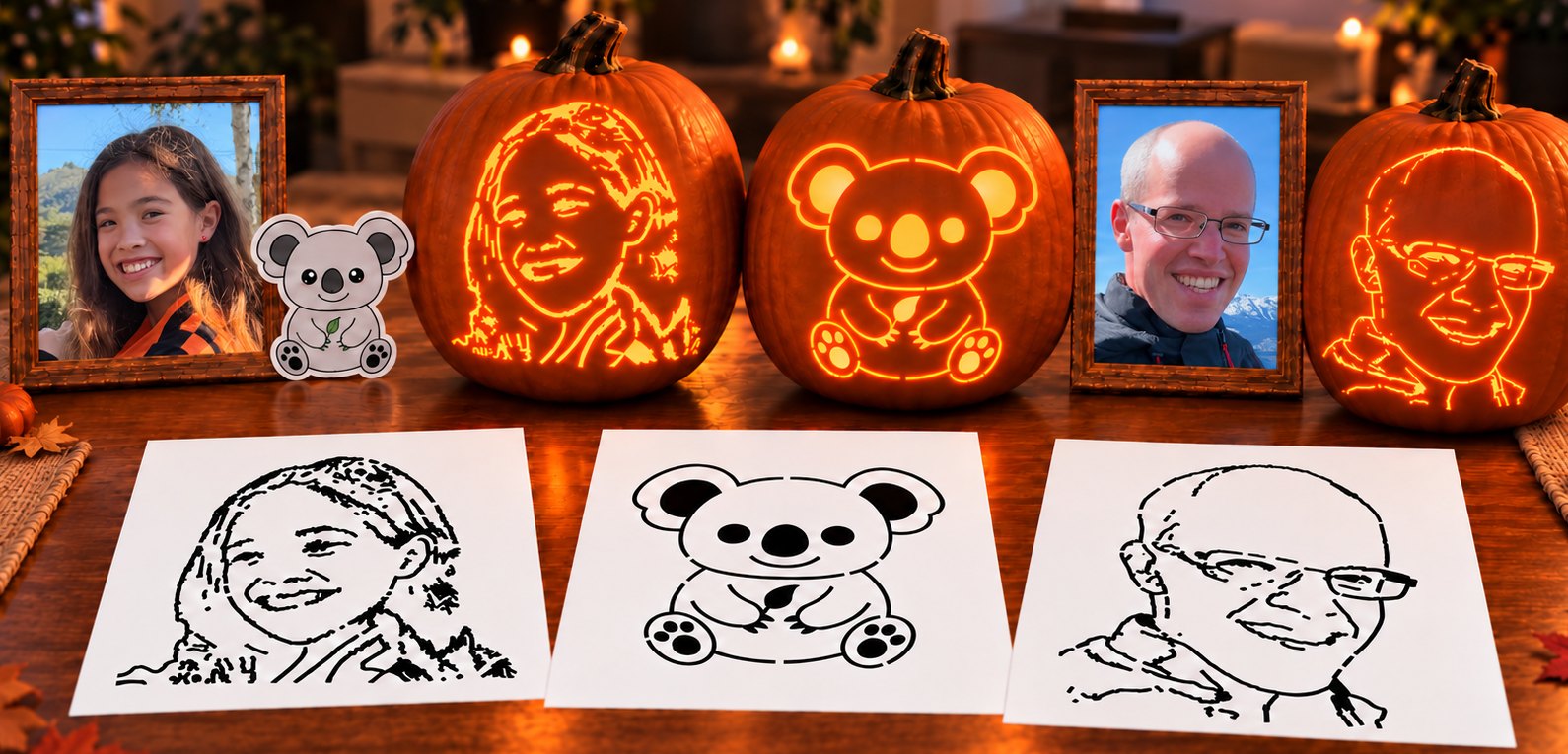 Two portrait photos and a koala sticker beside the glowing jack-o'-lanterns carved from them, with their paper stencils on the table in front