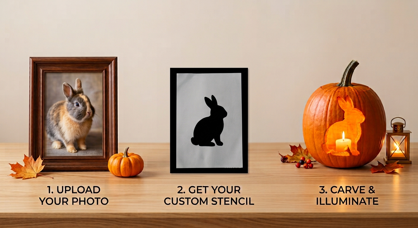 A dog photo turning into a stencil, then into a carved, glowing jack-o'-lantern
