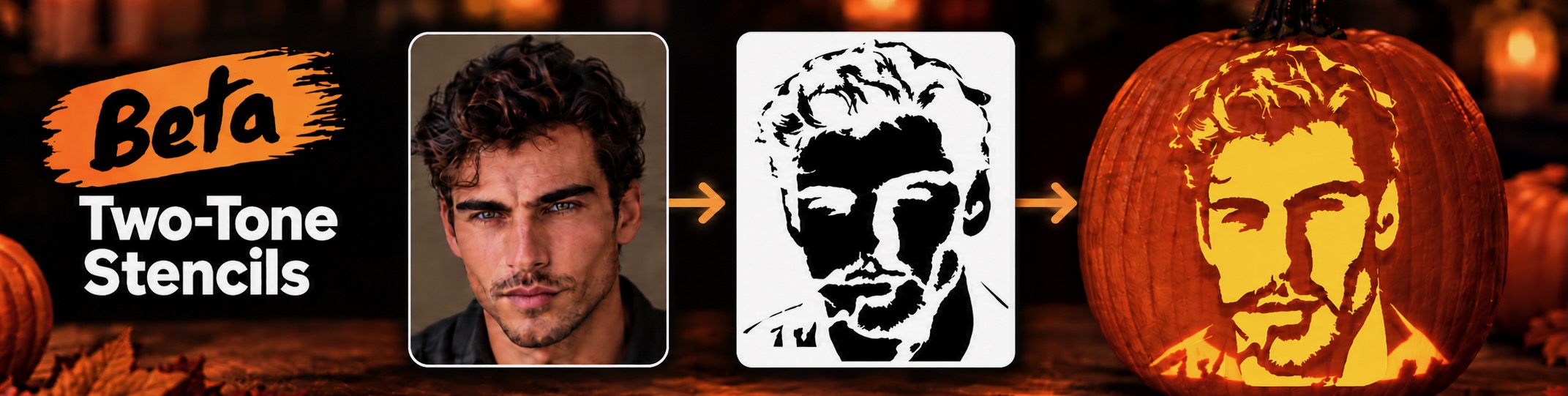 Beta: two-tone stencils. A photograph of a man, the two-tone stencil made from it, and the pumpkin carved from that stencil glowing with his face.