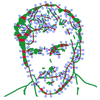 Many possible connections drawn across the design in red